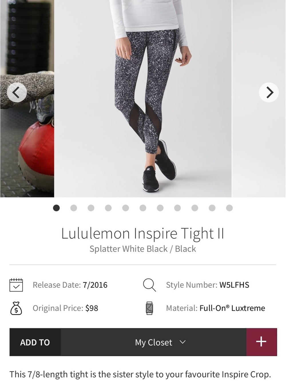Lululemon Inspire Tight II Athletic leggings - Splatter White Black Mesh Size 8